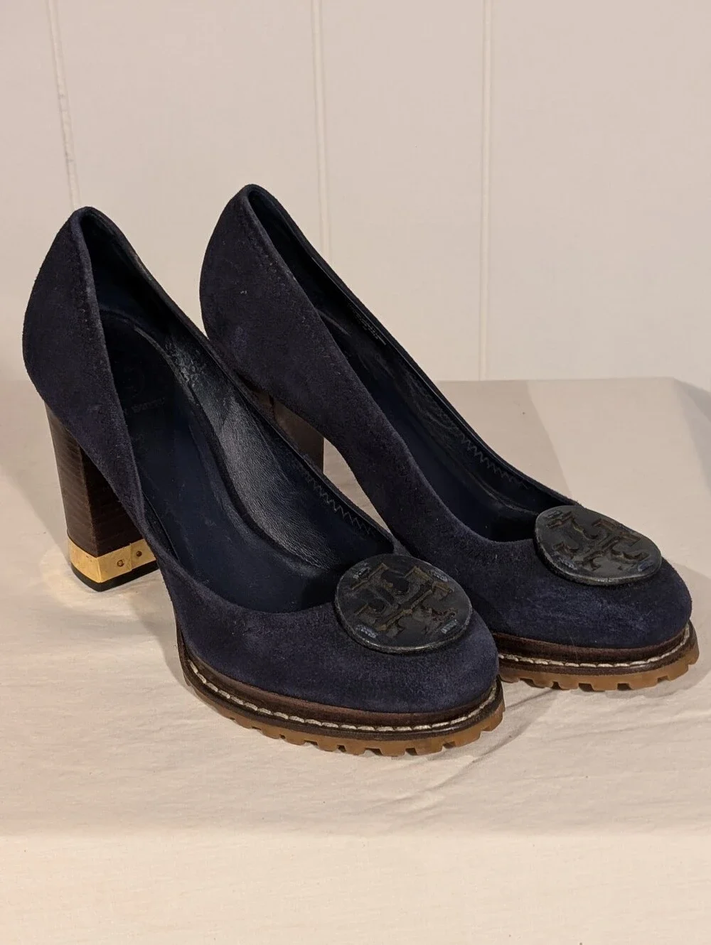 Tory Burch Navy Suede Block Heel Pumps